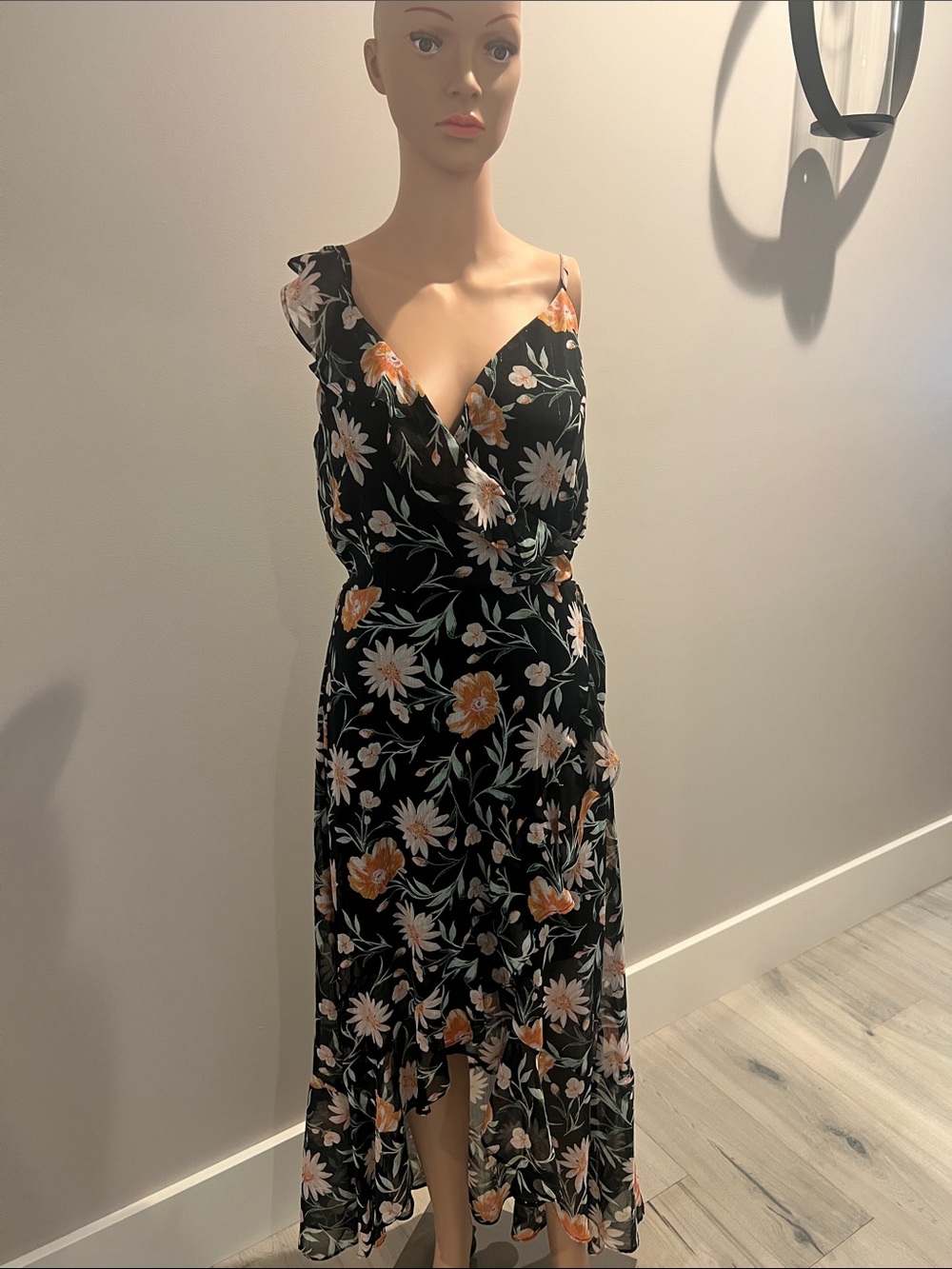 Black Floral V-Neck Maxi Dress with Orange & White Blooms